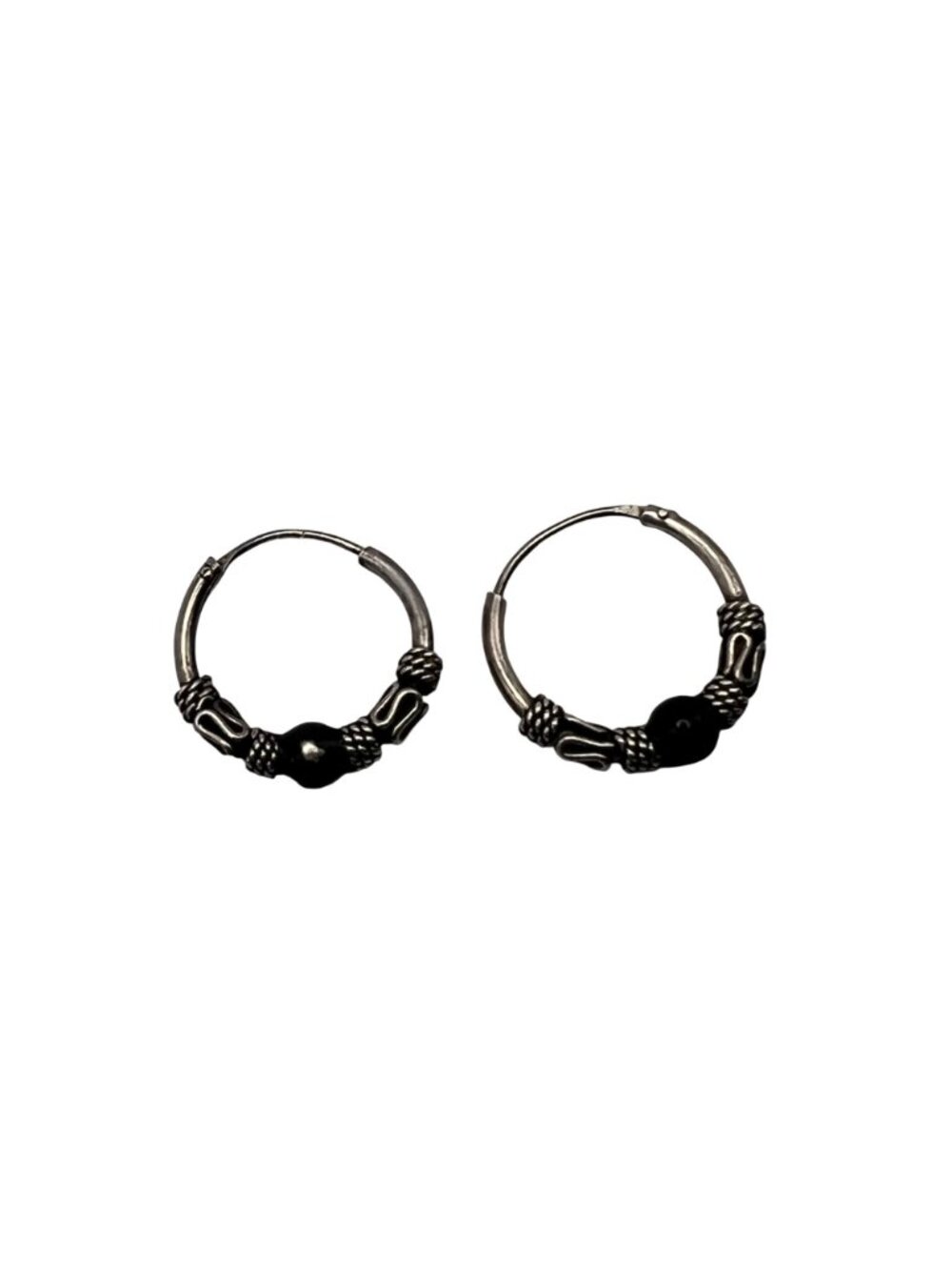 Bali Style Sterling Silver Hoop Earrings Oxidized Black Accent Bead .5" - Picture 2 of 8